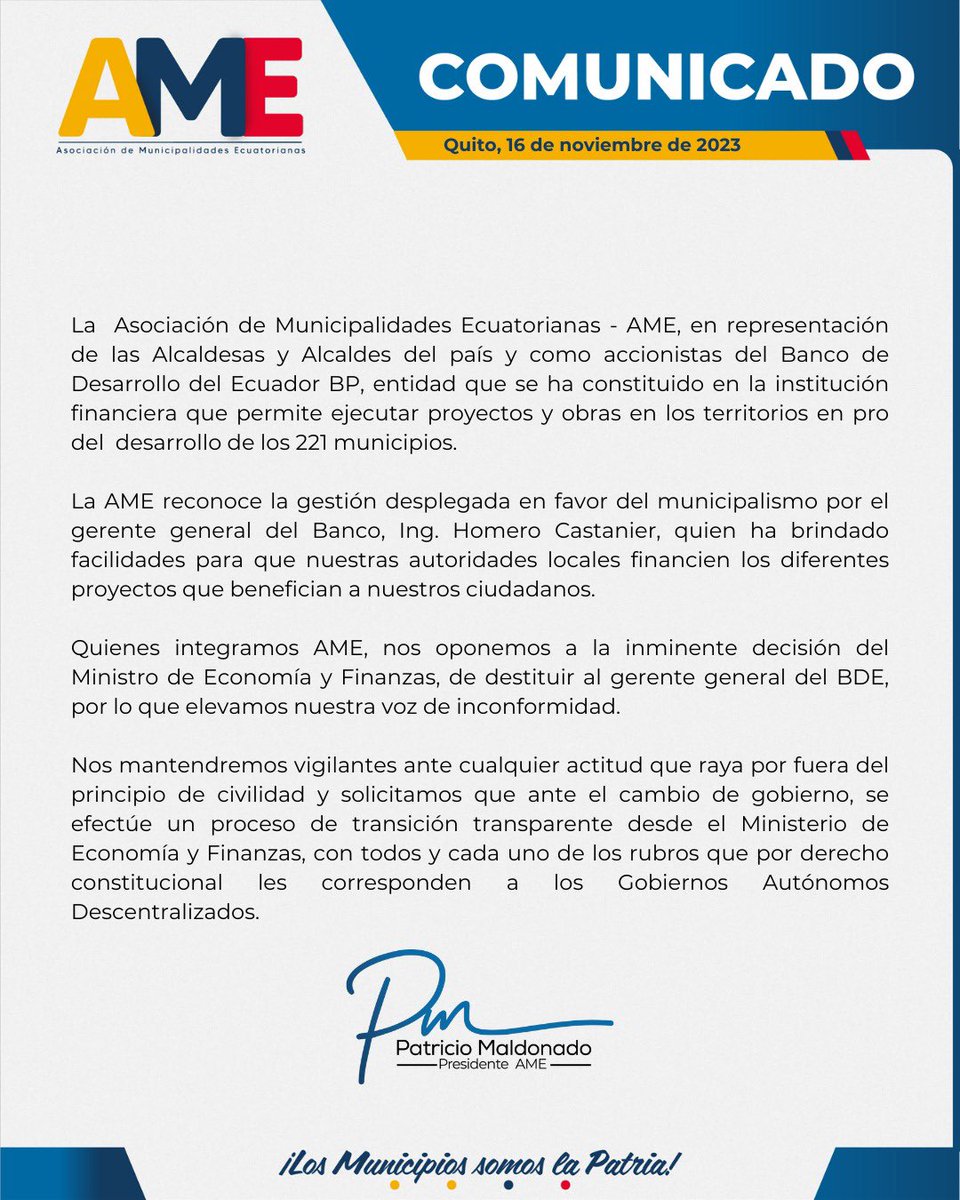 Los municipios del país respaldamos la gestión del gerente del <a href="/BDEcuadorBP/">Banco de Desarrollo del Ecuador B.P.</a>.

La remoción arbitraria del Gerente del #BDE por parte de <a href="/FinanzasEc/">Economía Finanzas Ec</a> pone en riesgo el progreso de los 221 municipios del 🇪🇨. 

Aquí nuestro pronunciamiento ⬇️