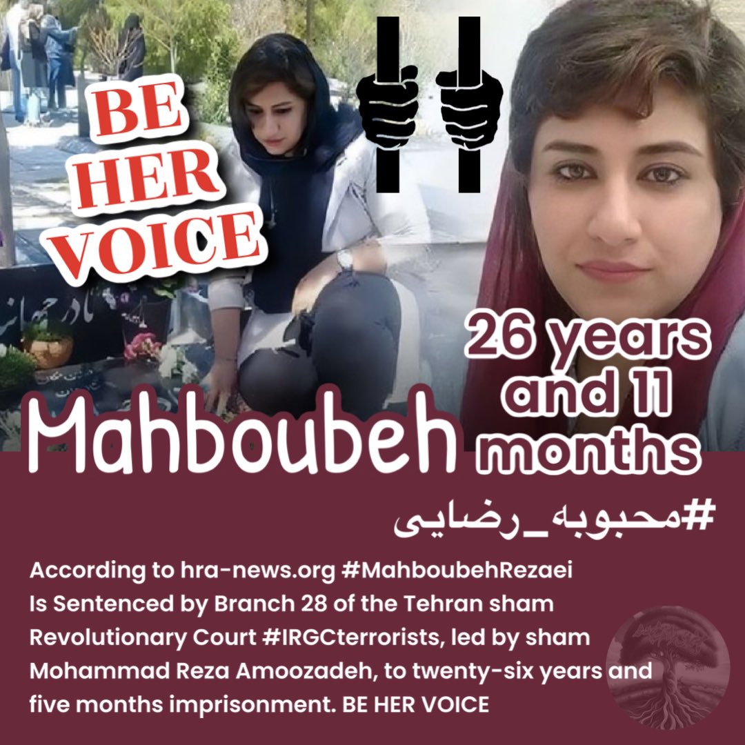 panee_motamedi's tweet photo. According to https://t.co/JjnJZUbprv #MahboubehRezaei
Is Sentenced by Branch 28 of the Tehran sham Revolutionary Court #IRGCterrorists, led by sham Mohammad Reza Amoozadeh, to twenty-six years and five months imprisonment. BE HER VOICE
#محبوبه_رضایی https://t.co/1sgvU0GIAS