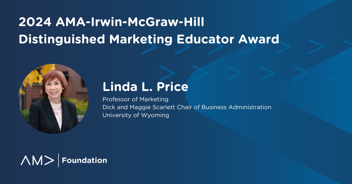 The American Marketing Association is thrilled to announce Linda Price as the winner of the 2024 AMA-Irwin-McGraw-Hill Distinguished Marketing Educator Award 🏆

Learn more about Linda's illustrious career: bit.ly/47e87iX

@llpricearizona #MarketingAcad #marketingawards