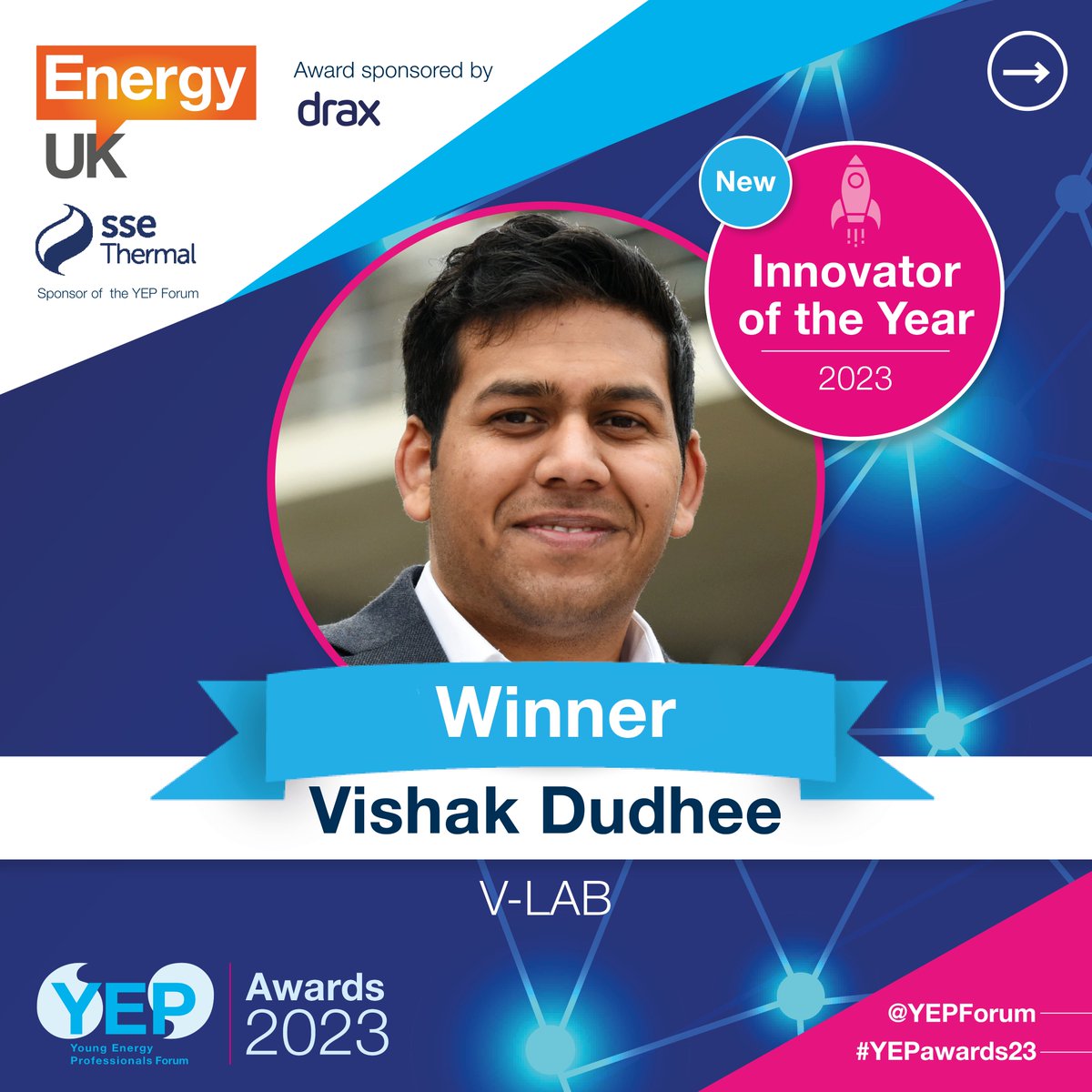 Rubina Singh from <a href="/OctopusVentures/">Octopus Ventures</a> is now presenting the new Innovator of the Year Award, sponsored by <a href="/DraxGroup/">Drax</a>. 

And the award goes... 🥁 to Vishak Dudhee, Technical Manager, V-LAB LTD.

#YEPAwards23