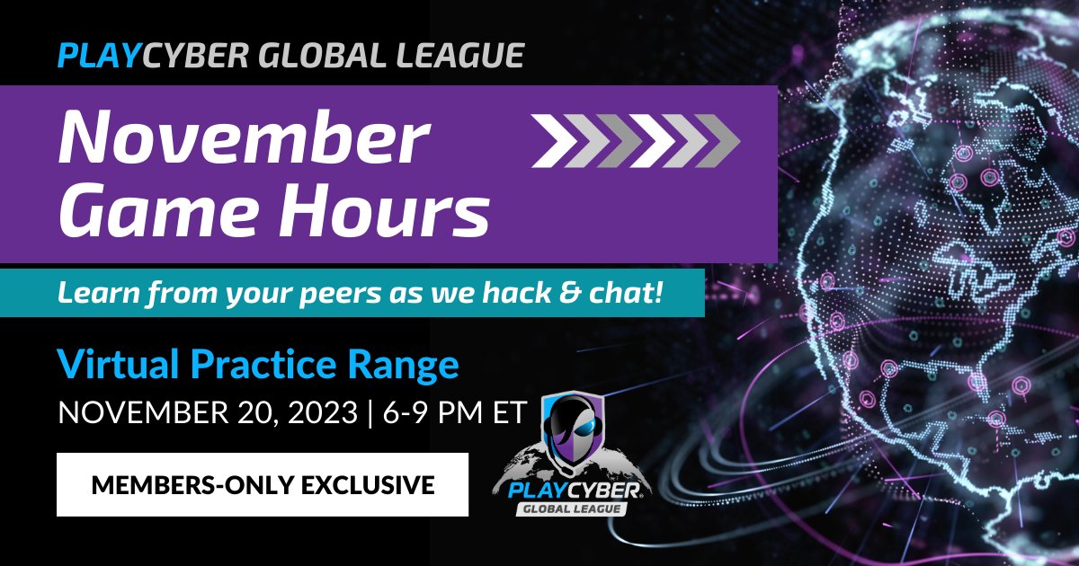 Wicked6Games's tweet image. Wicked6 attendees can use their PlayCyber Global League membership for Game Hours - a chill hack and chat. Work on challenges &amp;amp; learn tools, tips &amp;amp; tricks from your peers.

📆 Monday, Nov 20 6pm - 9pm EST

#Cybergames #PCGL #hackandchat
hubs.li/Q027S0Yr0