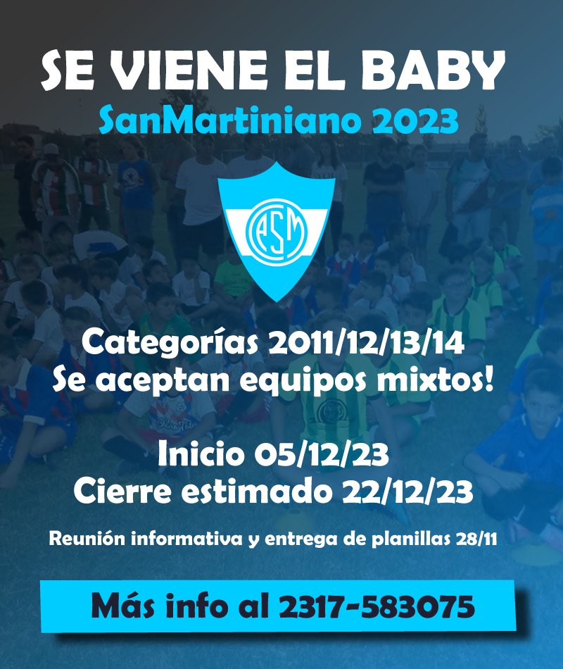 ClubASanMartin's tweet photo. ⚽ #EscuelaDeFútbol
🙌🏼 Arranca el Baby 2023
😉 Se aceptan equipos mixtos! Categorías 2011/12/13/14

✅ Inicio 05/12/23
⛔ Cierre estimado 22/12/23

📄  Reunión informativa y entrega de planillas 28/11
📲 Más info al 2317-583075

#ClubAtléticoSanMartín https://t.co/hvEwcFVhLb