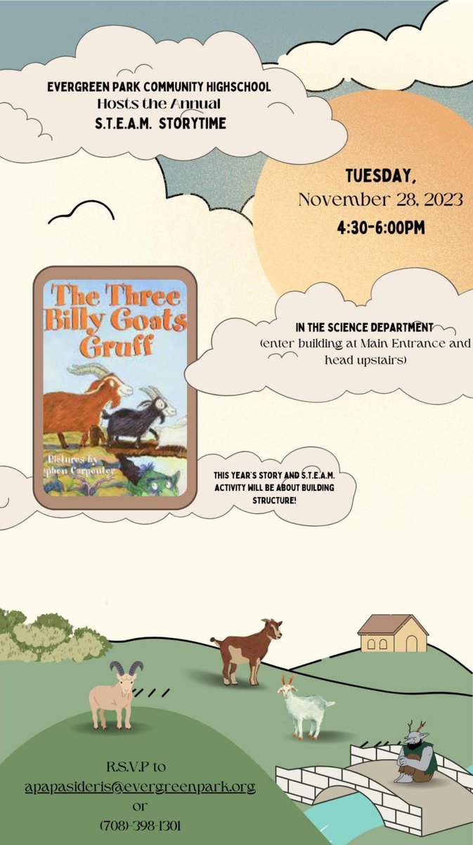 Epchs231's tweet photo. STEAM Reading Night has a new date. Evergreen Park kids and their parents are encouraged to drop by for a reading of the classic, "The Three Billy Goats Gruff," on Tuesday, November 28, at 4:30 p.m.
#FutureMustangs #GoToEP https://t.co/e0AIse55yl
