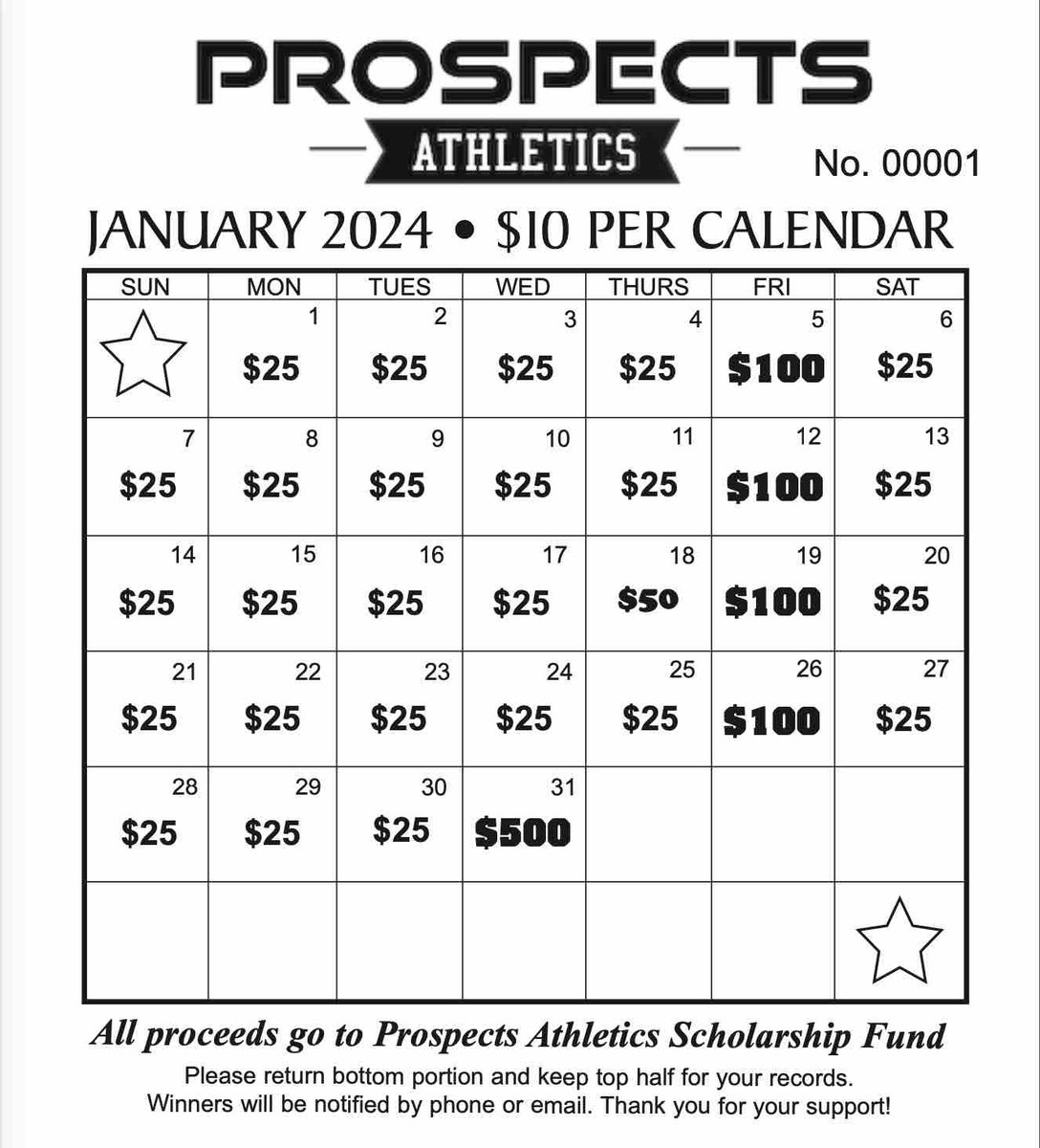 Prospects Athletics Scholarship Program is selling CASH Calendars in the month of November/December.  All proceeds go towards student athlete scholarship opportunities.  Please consider sell 5-10 calendars to support this cause.