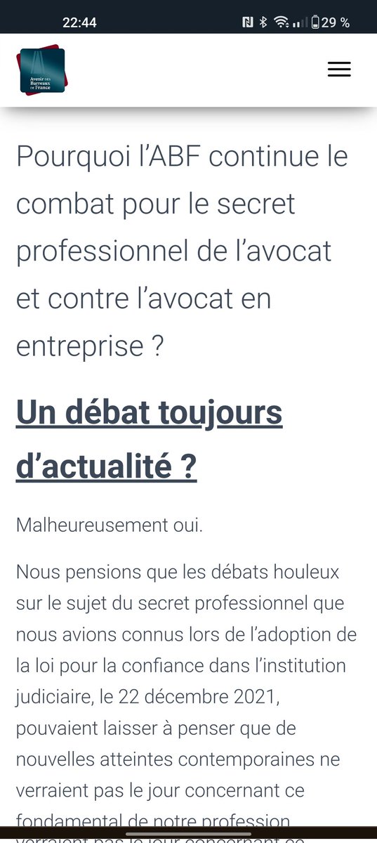 AvenirBarreaux's tweet image. L'ABF alertait sur la dangerosité du legal privilege
La décision du conseil constitutionnel permet d'éviter la brèche vers l'instauration de l'avocat en entreprise
#cnb2023 abf-avocats.fr/index.php/2023…