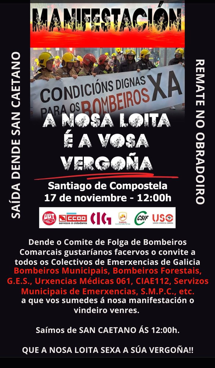 Non esquezades acudir á manifestación en apoio @s bombeir@s dos parques comarcais mañá en Compostela por unhas condicións dignas.
#bombeiroscomarcais 
#condiciónsdignas 
#emerxenciasgaliza 
#112enloita 
#xuntaresponsable
