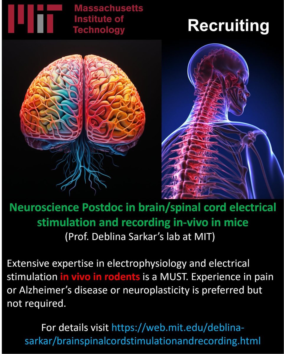 Nano-Cybernetic Biotrek Lab (@ncb_mit) on Twitter photo Announcement: Fully funded position in NCB <a href="/MIT/">Massachusetts Institute of Technology (MIT)</a> for #neuroscience #postdoc. Extensive expertise in #electrophysiology and #electrical stimulation of #brain or #spinalcord in vivo in rodents is a MUST. web.mit.edu/deblina-sarkar… Announcement: Fully funded position in NCB <a href="/MIT/">Massachusetts Institute of Technology (MIT)</a> for #neuroscience #postdoc. Extensive expertise in #electrophysiology and #electrical stimulation of #brain or #spinalcord in vivo in rodents is a MUST. web.mit.edu/deblina-sarkar…