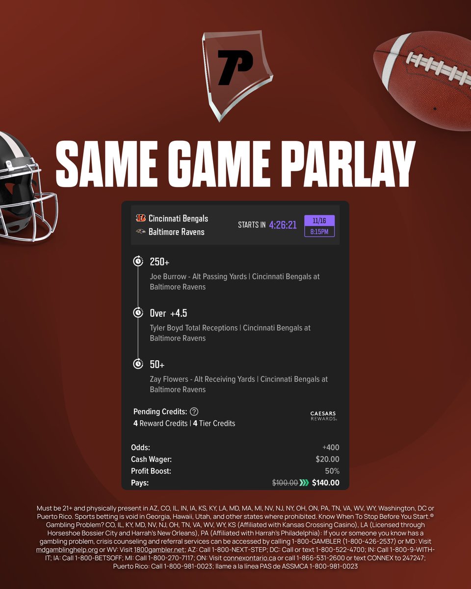 ThePicksPro's tweet image. 🏈 Bengals @ Ravens SGP
📊 +400 ⚡ +600 @ Caesars

👋 New follower? If you join Caesars you can get up to $1000 back as a Bonus Bet.

Claim offer: bit.ly/JOIN-CAESARS

One of the best primetime games of the season, hope everyone enjoys.

21+, gamble responsibly. #GamblingX