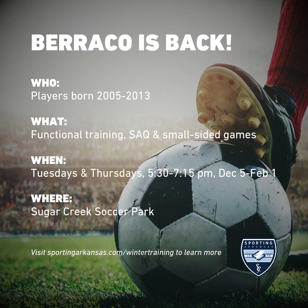 🚨Winter Berraco is back!🚨

Join us Tues and Thurs evenings Dec. 5 - Feb. 1 to grow your ⚽ game, build speed and 💪 &amp; test your skills in a unique off-season training program led by professional coaches.

Visit sportingarkansas.com/wintertraining to sign up!

#100orZero #sportingkcyouth