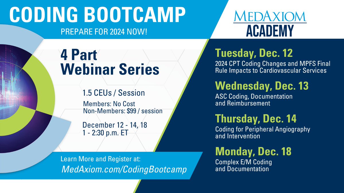 MedAxiom's tweet image. How do the changes in the 2024 CPT code set and MPFS final rule impact code assignment and documentation requirements for cardiology? Save the date for the 2023 Coding Bootcamp.
🔗 REGISTER: hubs.li/Q029b9QS0
#CardiologyCoding #MedicalCodingUpdates #CPTChanges2024