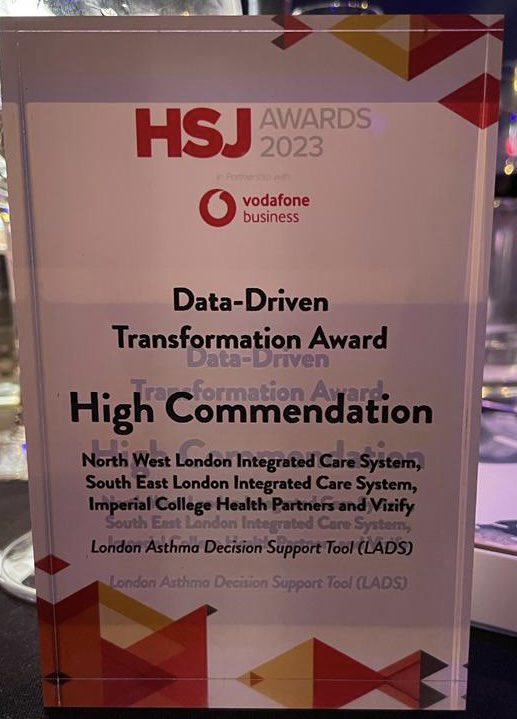 Delighted to be nominated alongside such brilliant nominees, and to have the London Asthma Decision Support tool acknowledged as highly commended.   #HSJAwards @HealthierNWL, @SELondonICS #Vizify