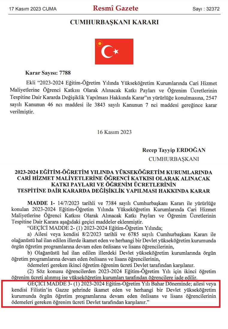 volkan_giritli's tweet photo. #SONDAKİKA: 17.11.2023 tarihli Resmi Gazete; 
💢Cumhurbaşkanı Kararı💢
Türkiye'deki Filistinli öğrencilerin öğrenim ücretleri devlet tarafından karşılanacak.