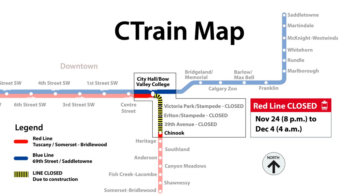 #CTRiders, remember from 8 pm Nov 24 to 4 am Dec 4, the Red Line will be closed from Chinook to City Hall/Bow Valley College stns. It will cause delays to your commute. We’re working on ways to support you to get around the city. Visit calgarytransit.com/Switch for details.