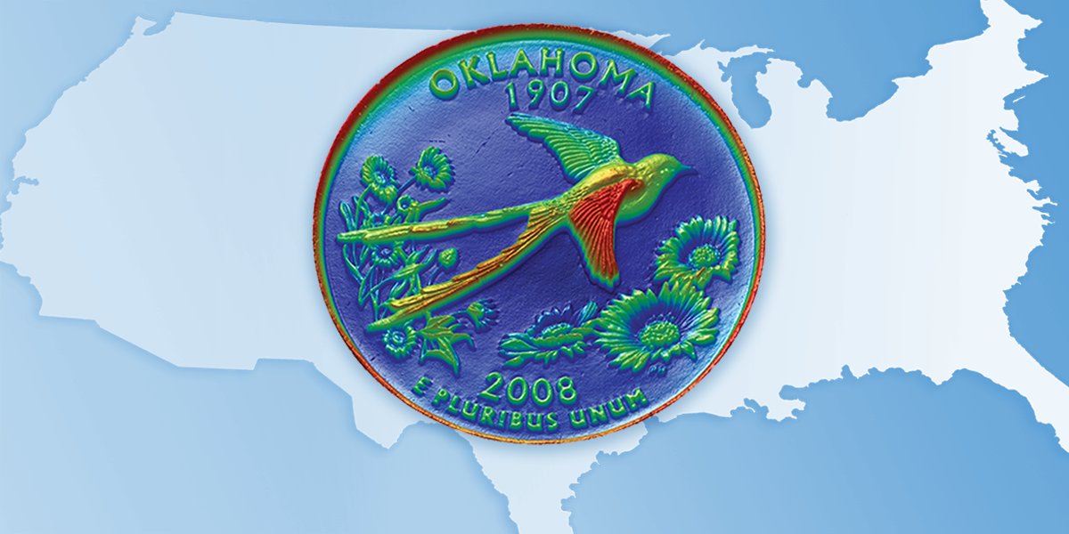 BrukerNano's tweet image. Happy Birthday #Oklahoma who joined us on this day in 1907.

#StateFact - Oklahoma, on average, is hit by at least 56 tornadoes each year 🌪

Coin scanned by #Bruker ContourGT. #opticalmetrology #happybirthday