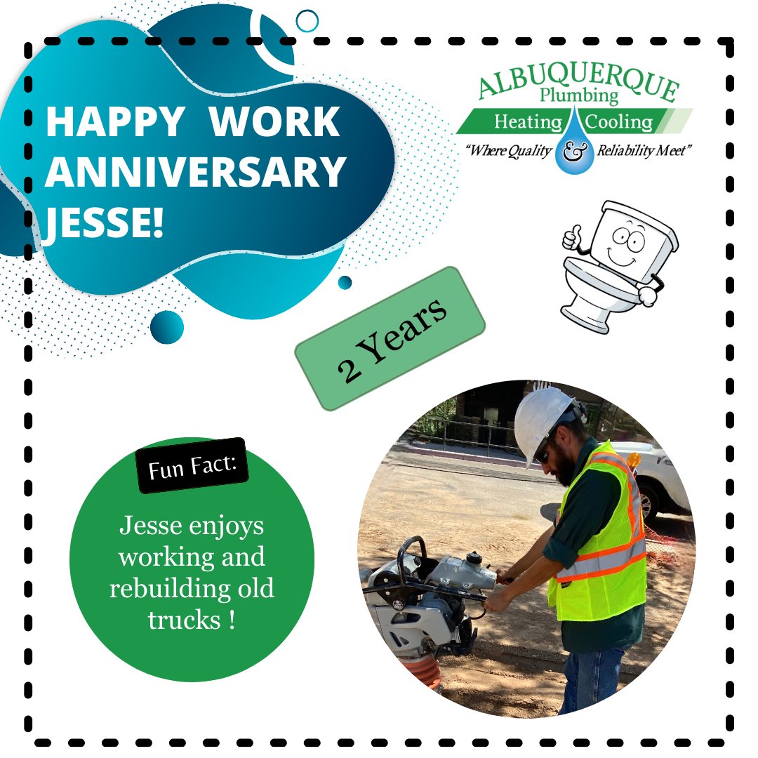 Jesse is a valuable member of our Commercial Service team! Happy 2nd anniversary 🤩🥳 #abqplumbing #teamworkmakesthedreamwork #commericialservices