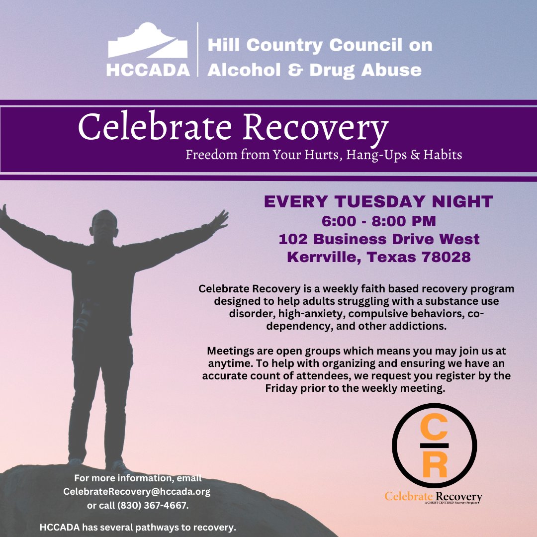 HCCADATexas's tweet image. Every Tuesday night, we celebrate recovery! Join us every Tuesday night from 6:00 pm-8:00 pm for our faith-based program. Meetings are open groups. Register TODAY!

#KerrvilleTX #FaithBasedRecovery #KerrvilleRecovery