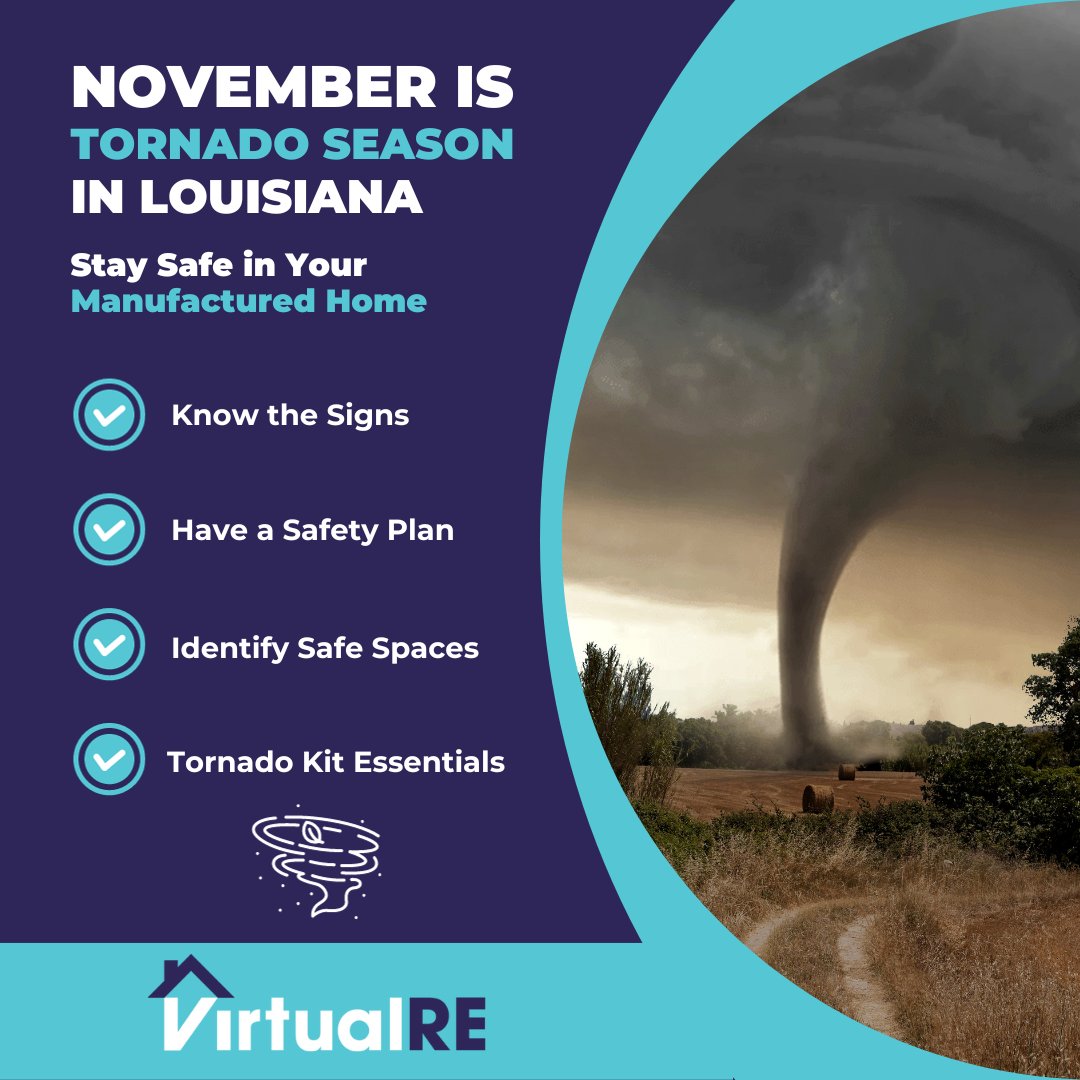 VirtualRE2's tweet photo. 🌪Stay Alert, Stay Safe! 

In Louisiana, tornadoes can happen any time, but November brings a higher chance. This month, ensure safety by:

🌩️ Knowing Tornado Signs
📋 Having a Safety Plan
🏠 Identifying Safety Zones
🎒 Prepping a Tornado Kit

#TornadoSafety #CommunitySafety https://t.co/TYQ0Ruz2QD