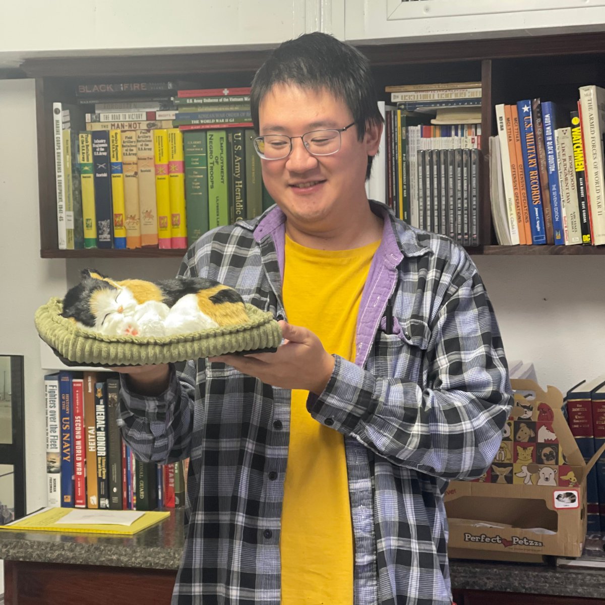 Congrats to Archivist Jason Fung who was the winner of the Most Creative Presentation for our staff year-end project. As a part of his prize, he received a “museum cat,” a calico he named Bob Marley.  Stay tuned for Bob Marley’s adventures around the museum. #houston