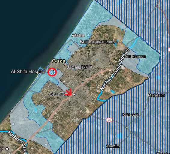 Defensa_Israel's tweet photo. Guerra en #Israel🔥
Evolución de la ofensiva terrestre sobre Gaza
16 de noviembre
🇮🇱🔥🇵🇸🇱🇧🇸🇾🇮🇷🇾🇪
Los avances de las fuerzas israelíes en dirección sureste utilizando como eje a la Avenida Omar Al Mukhtar (flecha roja) pretende dividir a Gaza City a la mitad, estando ya su principal centro urbano bajo control israelí.