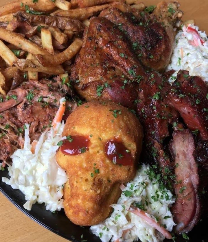 BBQ Thursday is here! 🔥💨 Ribs, Chicken or Pulled Pork platters with fries+slaw ~ $12  🙌🍺💀