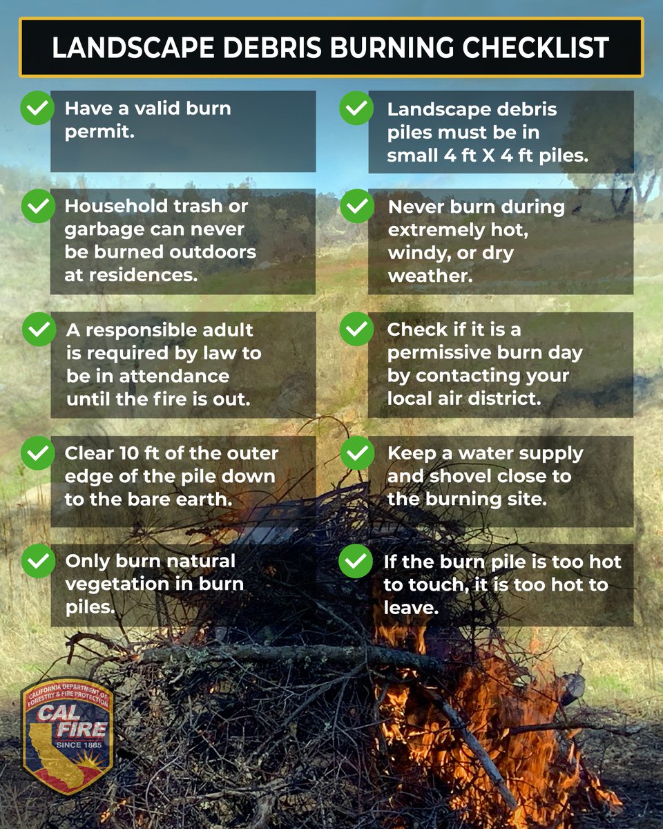 For residents of CA where landscape debris burning is allowed, safety is vital. Check with your local air district to confirm it's a legal burn day. Local air district info is provided with your issued burn permit.
Get your permit at burnpermit.fire.ca.gov
#ReadyForWildfire