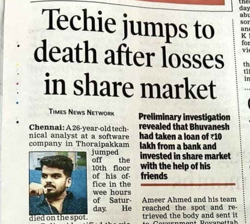 BahlKanan's tweet photo. A techie lost ₹10 Lakhs of borrowed capital in stock market. 3 key things you need to know before getting started 👇

<<A long post but I’m sure those reading this will avoid a lot of blunders in future>>

[1] Share market can't be your retiring early plan

If you are fine with making slowly with returns of 10% to 15% p.a., and seeing your investments go down by 25% every year and 50-60% once in a decade, then only enter stock markets.

But if you think you can 10x your capital within a year, please know that the probability of this happening is less than you breaking the record of Virat Kohli's 50 ODI centuries.

[2] Those making money won't sell you courses

Rakesh Jhunjhunwala turned ₹5,000 to ₹35,000 Crores in ~35 years of his career at a CAGR of 64%. Did he make courses before dying?

I know a person who has sold stock market courses worth crores but doesn't know the difference between QoQ and YoY.

Those who know jackshit about trading will invest their energy in making money and not courses (with an exception of a very few).

[3] Futures & Options is a zero-sum game and 89% make losses

This is not my observation but SEBI's data. And the 11% who made money made just ₹12,000 per month on an average.

If I talk about observation then my father (a CA) is a part of top CFO and CEO circles in Delhi. Not one of these top CFOs or CEOs has made anything from F&O.

When one person's loss is someone else's gain, that game / business is called a "zero sum" activity where no one but brokers make money. Another example is poker / gambling.

Isn't it better to invest that amount in upskilling yourself and increasing your active income?

And my dear friends, this is the only way to get rich faster in life. Be as passionate as you are about F&O for upskilling for just 1 year in life. And this will be the best investment you can make.

It is saddening to see a young guy jumping off who took debt to play in stock market.

I know posts like these won't go viral because I didn't give you "10 multibaggers of 2024" or "5 call options to get rich by 3:30PM today" like calls.

But this boring truth is the reality of life and I want you to read this once in a while so that you don't end up taking steps like these. At one point, I lost ₹25 Lakhs to a stupid get rich quick scheme like this.

There's no other way to get rich in life but this:

Hard Work --> Increasing Active Income --> Making sensible asset allocation decisions.

Do consult a SEBI Registered Investment Advisor before taking any call. They'll help you a lot for a very small fee. My words are for your education only :)

Follow me for more such boring personal finance & investing gyaan!