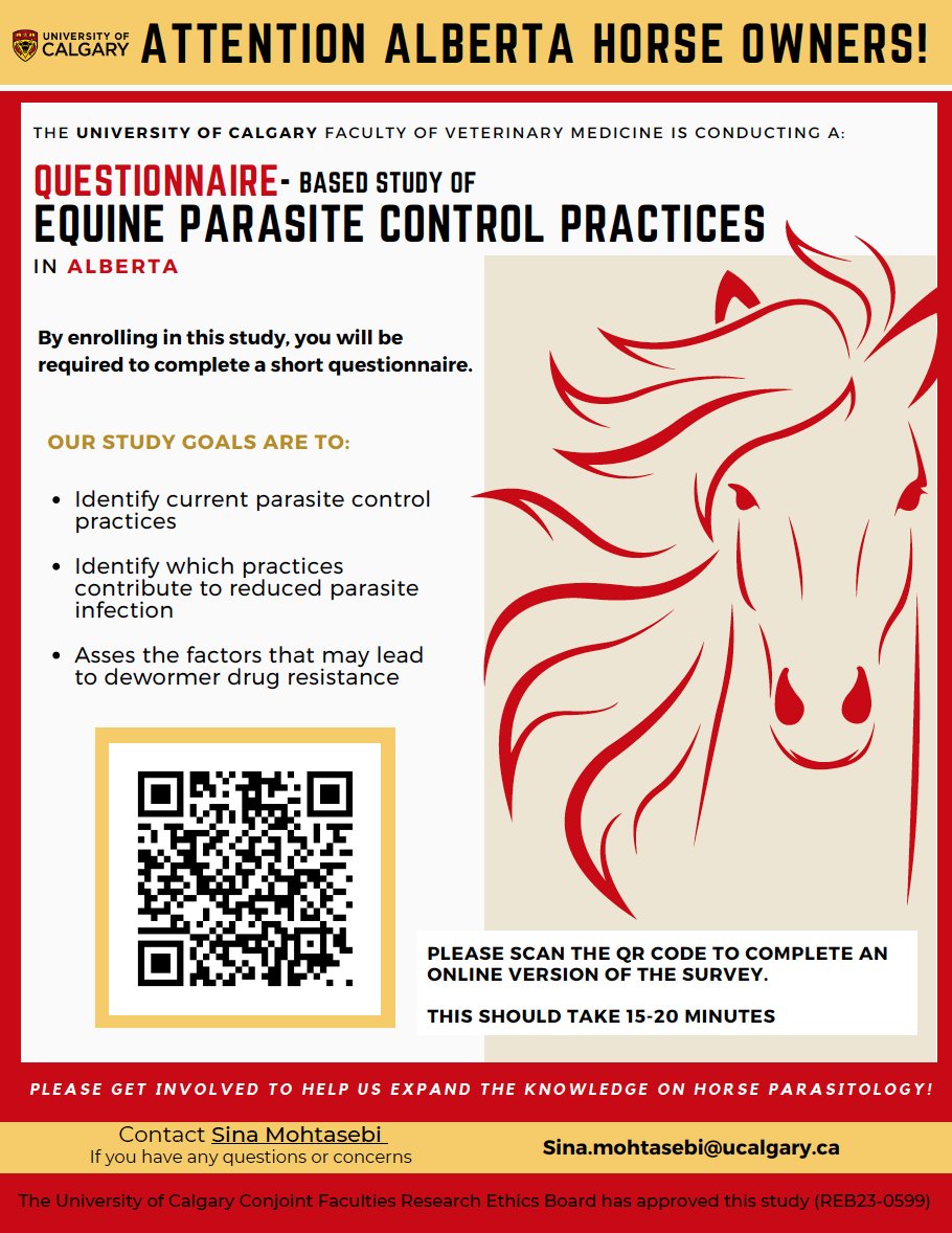 Are you an Alberta horse owner? Is so, please consider contributing to our @ucalgaryvetmed study on parasite management practices in the province. The survey takes ~15-20 minutes to complete, and can be accessed here: survey.ucalgary.ca/jfe/form/SV_5a…