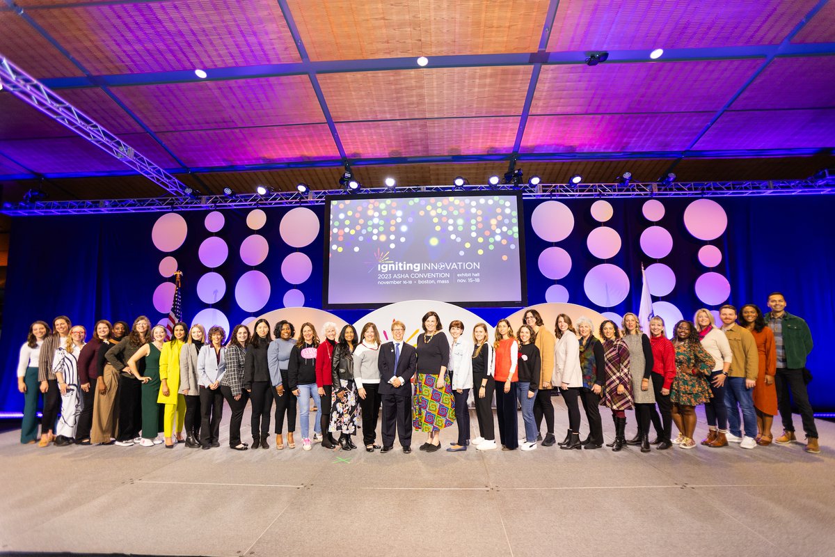 ASHAWeb's tweet photo. Some ASHA Innovators gathered with Board President Dr. Bob Augustine on stage at #ASHA23. These members have sparked innovation in their work, and, as Bob said at today’s opening session, their innovation and dedication are “igniting the future of our professions!" #ASHAInnovator https://t.co/YkM0zGp2ZU
