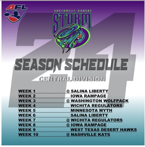 We are excited about this upcoming season and ready to see all of our fans! #ArenaFootballLeague #TheAFLisBack #ArenaFootballLeagueUSA 
#SouthwestKansas #Storm 
There’s a Storm Brewing Southwest Kansas! 
Feel free to share this as much as possible!