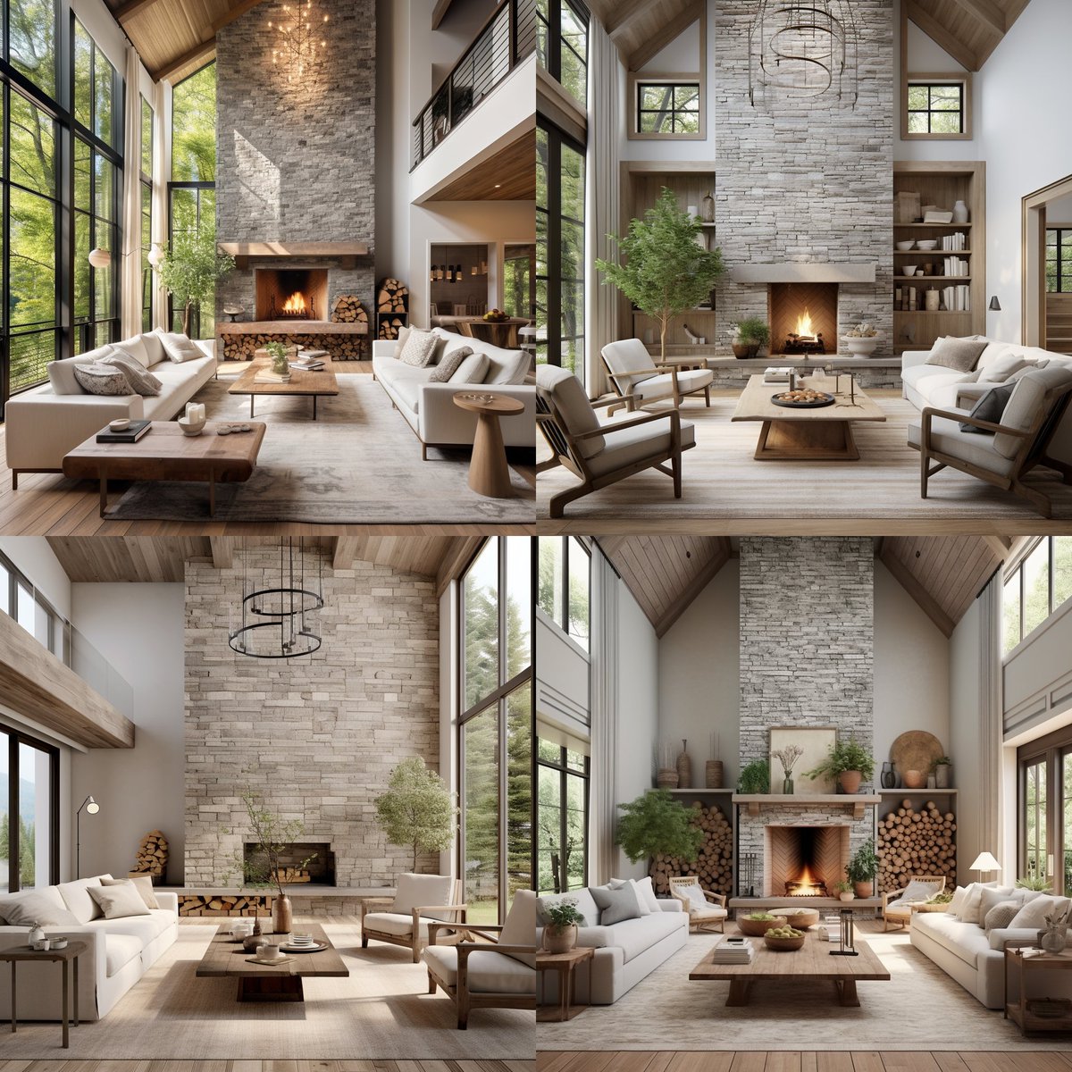 designmidjorney's tweet photo. prompt: a country living interior design style living room backdrop, with wood in the high ceiling, white stone fireplace, provide background without any furniture https://t.co/INwkaFdzAn