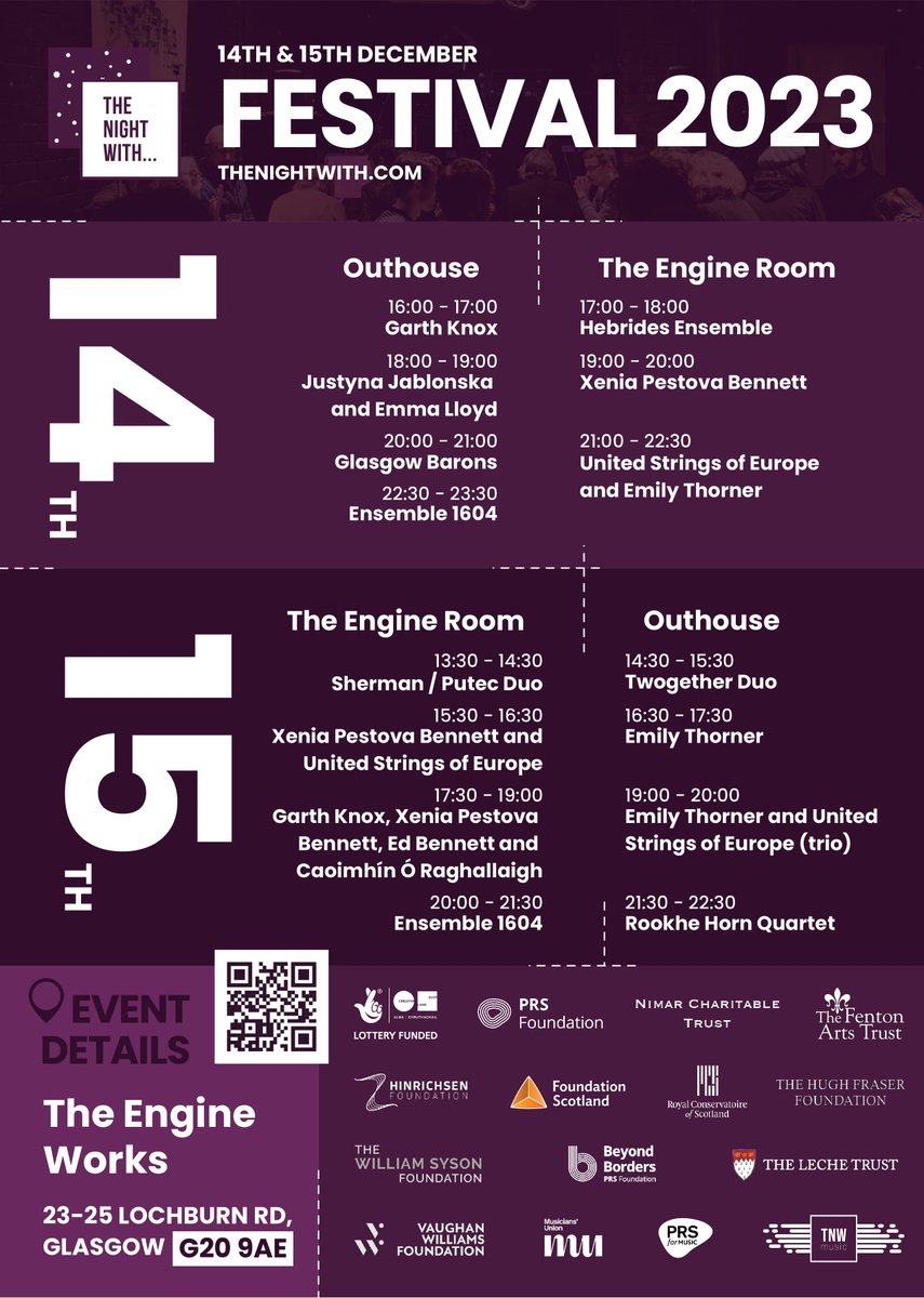 Full programme and times for #tnwfest2023 in The Engine Works, Glasgow announced! Get your 1 day or 2 day tickets & full programme thenightwith.com/event/festival… Music by Grisey, Vivier, @GleaveRylan @stuart_macrae Saariaho, @caroshawmusic Betsy Jolas, @Dobrinka_T @sweeney1_b & more