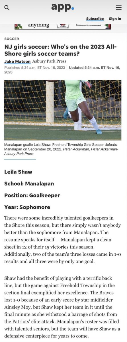 So cool to find out the Asbury Park Press selected me to First Team All Shore! Wouldn't have been able to do it without one of the best backlines in the state, gonna miss these girls.
<a href="/JuliaDiStefano0/">Julia DiStefano</a> <a href="/Kaseyresker/">kasey</a> (and
Brookelynn) <a href="/MpanGirlsSoccer/">Manalapan Braves Soccer</a> <a href="/AsburyParkPress/">Asbury Park Press</a>