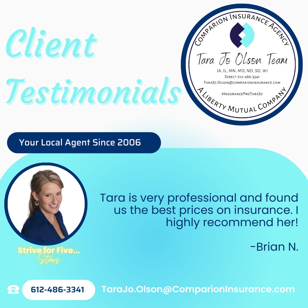 Tara_LibertyMut's tweet image. Appreciate the kind words Brian! 

#BestClientsEver
#Testimonial
#InsuranceProTaraJo