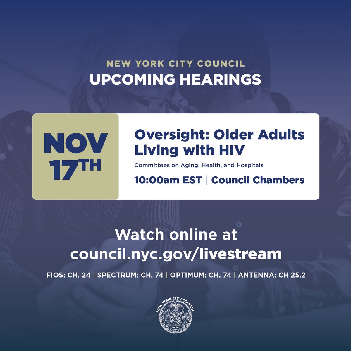 Coming up tomorrow at 10am: The Committees on Aging, Health, and Hospitals will hold an oversight hearing on the health and social conditions of older adults living with HIV/AIDS. 📺 Watch live: council.nyc.gov/livestream/