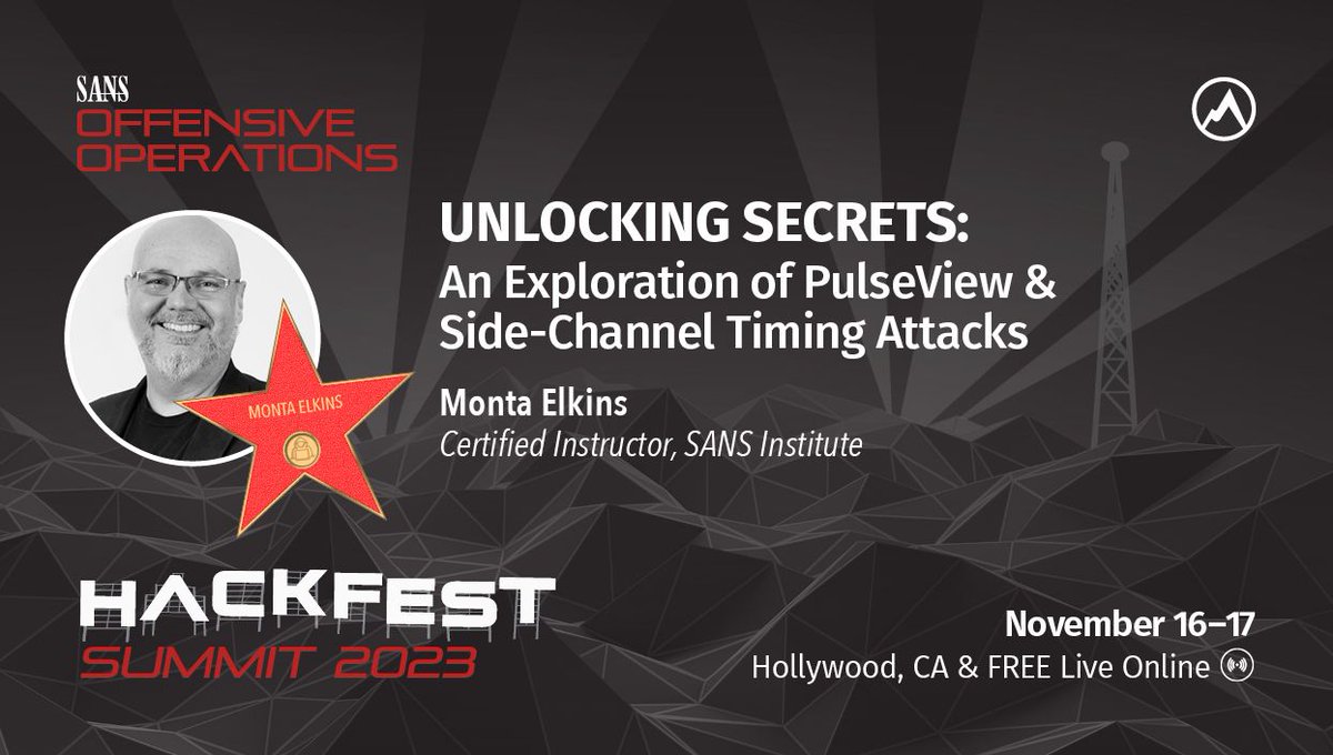 SANSOffensive's tweet image. Coming up soon, don't miss @montaelkins demoing #PulseView and covering Side-Channel Timing Attacks
Register now &amp; join us: buff.ly/3pHqEUc
#HardwareHacking #PenTest #SANSHackFest