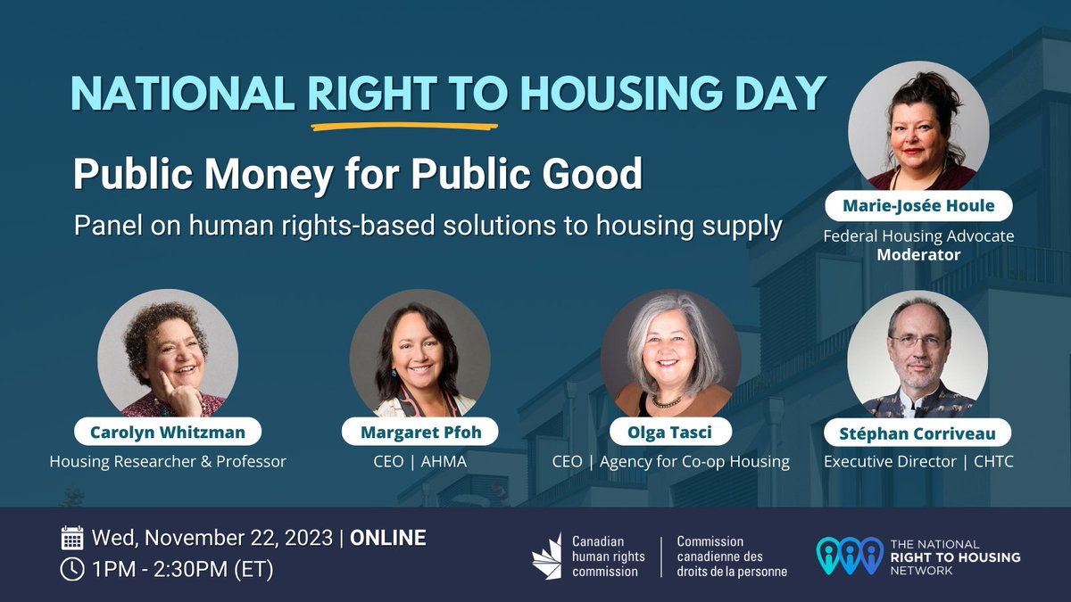 On #NationalRightToHousingDay, join the Advocate and our panel of housing experts for an in-depth discussion of human rights-based solutions to housing supply. 
📅 November 22 
🕐 1-2:30pm EST 
ℹ️ Online, accessible event
✔️ Register: bit.ly/47hpejC