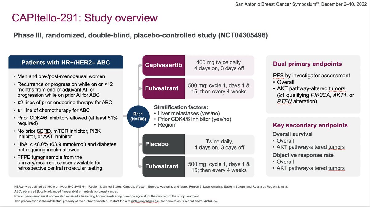 OncBrothers's tweet photo. #Capivasertib now @FDAOncology approved w/ AKT alteration based off: #CAPItello291: Capi + Fulvestrant vs Fulvestrant + Placebo
- ⬆️ PFS w/ capivasertib 7.2mos vs 3.6mos (HR 0.60)
- Pending OS
- 400mg BID, 4days on/3days off
- Diarrhea a big SE
#bcsm #MedTwitter #OncTwitter https://t.co/8sbo0Jr2zv