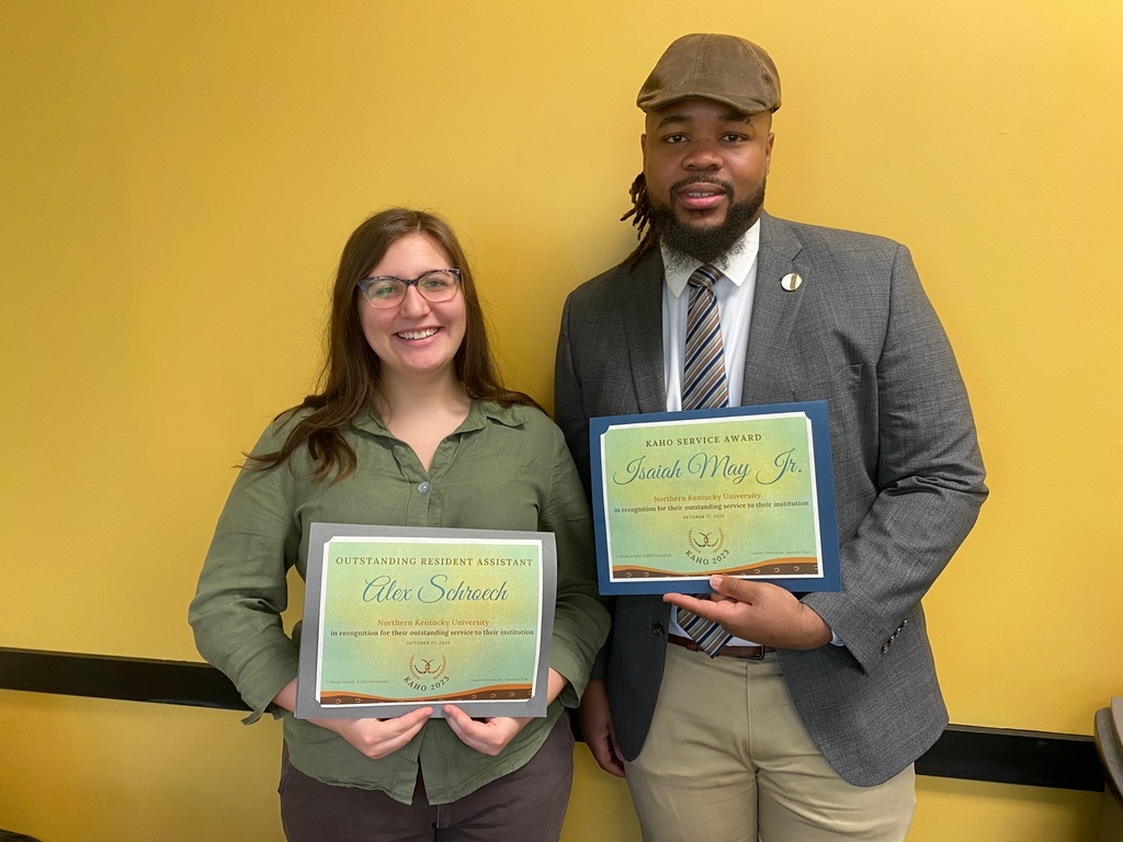nkuHousing's tweet photo. Congratulations to Isaiah May Jr. and Alex Schroeck for receiving the Service Award at the Kentucky Association of Housing Officers (KAHO) conference. 

This award is given to people who demonstrate outstanding service to students and the university. Go Norse! 💛

#nkuhousing https://t.co/EA7e2X5LPl
