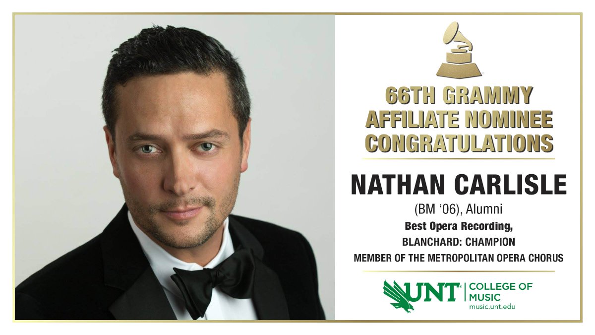 ALUMNUS GRAMMY NOMINATED: The Recording Academy nominated @UNTSocial College of Music alumnus Nathan Carlisle (BM ’06) as a member of The Metropolitan Opera Chorus in the Best Opera Recording category for “Blanchard: Champion.” Yannick. @JohnWRichmond2 @UNTNews