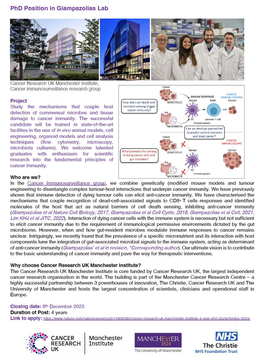 💥Exciting PhD opportunity in my lab at <a href="/CRUK_MI/">CRUK Manchester Institute</a> to study how host-microbiome interactions and cell death shape anti-cancer immunity. 

⏰⏰Deadline: 8 December 2023

💥If you are interested in cancer immunology don't miss the opportunity! Apply👇
cruk.manchester.ac.uk/Education/PhD-…
