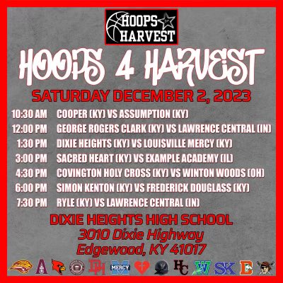 Hoops4harvest (@hoops4harvest) on Twitter photo Hoops for Harvest 2023 schedule!!
A full day of HS girls hoops!
🗓️Dec. 2nd
📍Dixie Heights HS
⏰ 10:30AM Tip-off
Doors open at 10AM
💰 $10 Adult
$5 Child
Cash only
<a href="/PGHKentucky/">Prep Girls Hoops Kentucky</a> <a href="/brethoops/">Bret McCormick</a> <a href="/riseupsports1/">Rise Up Sports Media</a> <a href="/EvanDennison1/">Evan Dennison</a> <a href="/BConnellysports/">Brendan Connelly</a> <a href="/alyxwhite_/">Alyx White</a> Hoops for Harvest 2023 schedule!!
A full day of HS girls hoops!
🗓️Dec. 2nd
📍Dixie Heights HS
⏰ 10:30AM Tip-off
Doors open at 10AM
💰 $10 Adult
$5 Child
Cash only
<a href="/PGHKentucky/">Prep Girls Hoops Kentucky</a> <a href="/brethoops/">Bret McCormick</a> <a href="/riseupsports1/">Rise Up Sports Media</a> <a href="/EvanDennison1/">Evan Dennison</a> <a href="/BConnellysports/">Brendan Connelly</a> <a href="/alyxwhite_/">Alyx White</a>