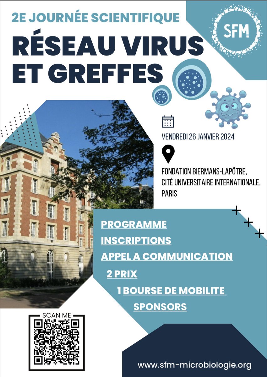 Réseau Virus et Greffe organise sa 2ème journée scientifique le 26 janvier 2024 à Paris. sfm-microbiologie.org/evenement/viru… #JeromeLeGoff , #DavidBoutolleau , #GuislaineCarcelain , #SophieCandon , #AlienorXhaard , #ArthurSterin , #FlorenceAder,#HannahKaminski , #OlivierThaunat #JulienHogan