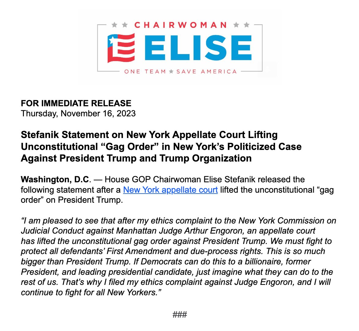 EliseStefanik's tweet photo. VICTORY: My statement on the New York Appellate Court lifting the unconstitutional “gag order” in New York’s politicized case against President Trump and the Trump Organization. https://t.co/9JOgTtr3OO