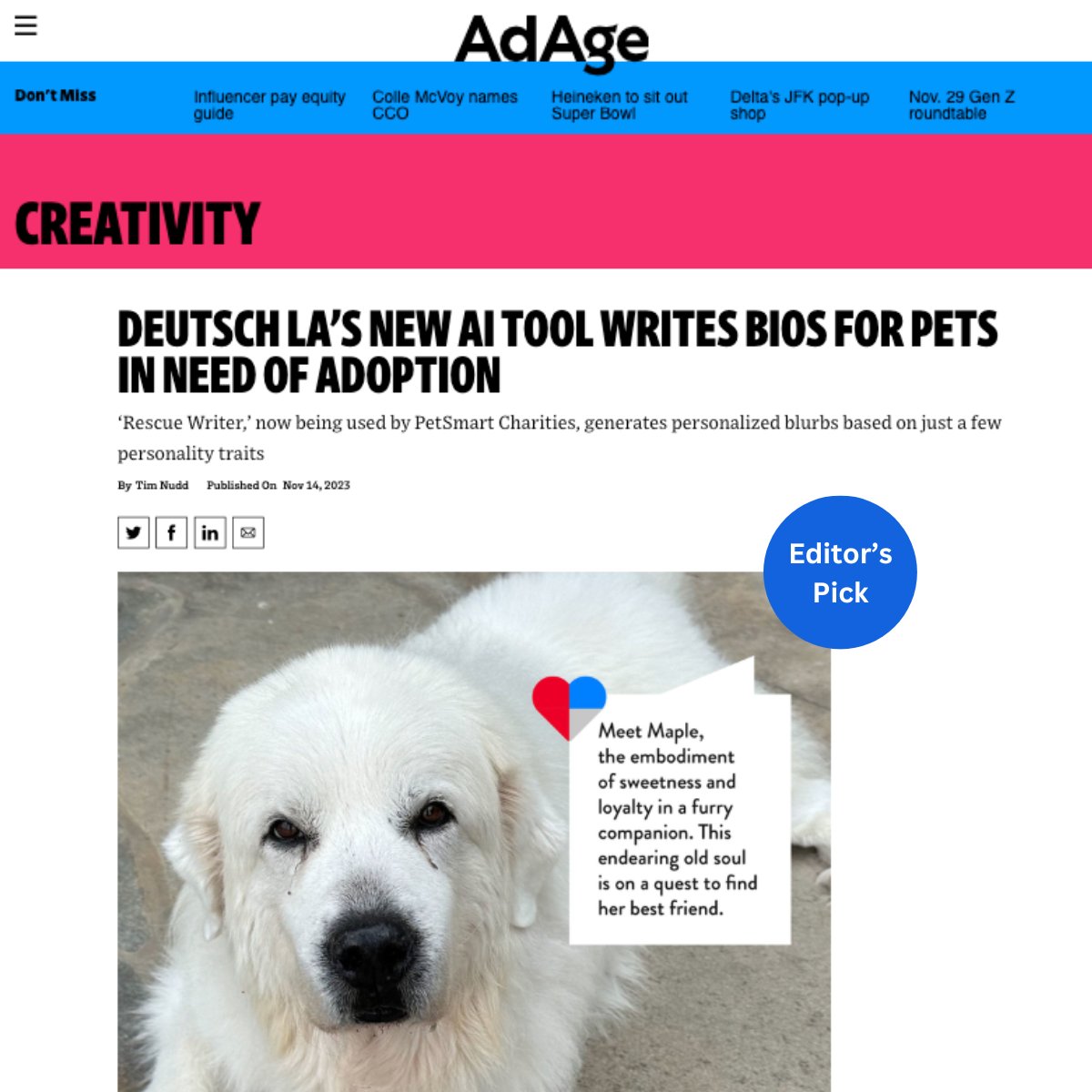 wearedeutsch's tweet photo. Introducing #RescueWriter, a one-of-a-kind #AI tool we created with our partners at @PetSmartChariTs to help more wagging tails🐕🐾 find their furever homes 🏡#creativityforgood @adage @nudd #EditorsPick https://t.co/cSaeUzV48U