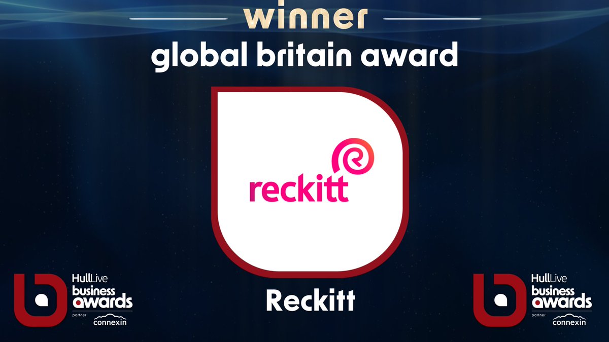 These two businesses are taking Hull &amp; East Riding worldwide 🌍, our next award is the Global Britain Award - with finalists

<a href="/Adams_and_Green/">Adams and Green Ltd</a>
<a href="/ThisIsReckitt/">Reckitt</a>

The winner is <a href="/ThisIsReckitt/">Reckitt</a> 👏🥂
<a href="/hulllive/">Hull Live</a> and <a href="/businesslive/">BusinessLive</a> #HLBusinessAwards