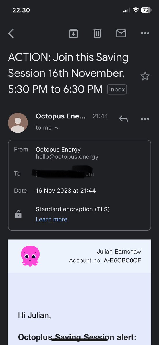 jearnsh's tweet photo. @OctopusEnergy great idea but sending it at 21:30 on the day of the savings isn’t really helpful https://t.co/jxX30xAteg