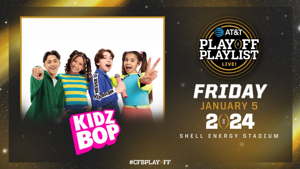 We're KIDZ BOP and we're taking over the AT&T Playoff Playlist Live! stage at @CFBPlayoff national championship weekend in Houston,TX! 🏟️🎶 Friday, Jan. 5th at the @ShellEnergyStdm! See you there! For more details ➡️ collegefootballplayoff.com/ppl #CFBPlayoff #NationalChampionship…