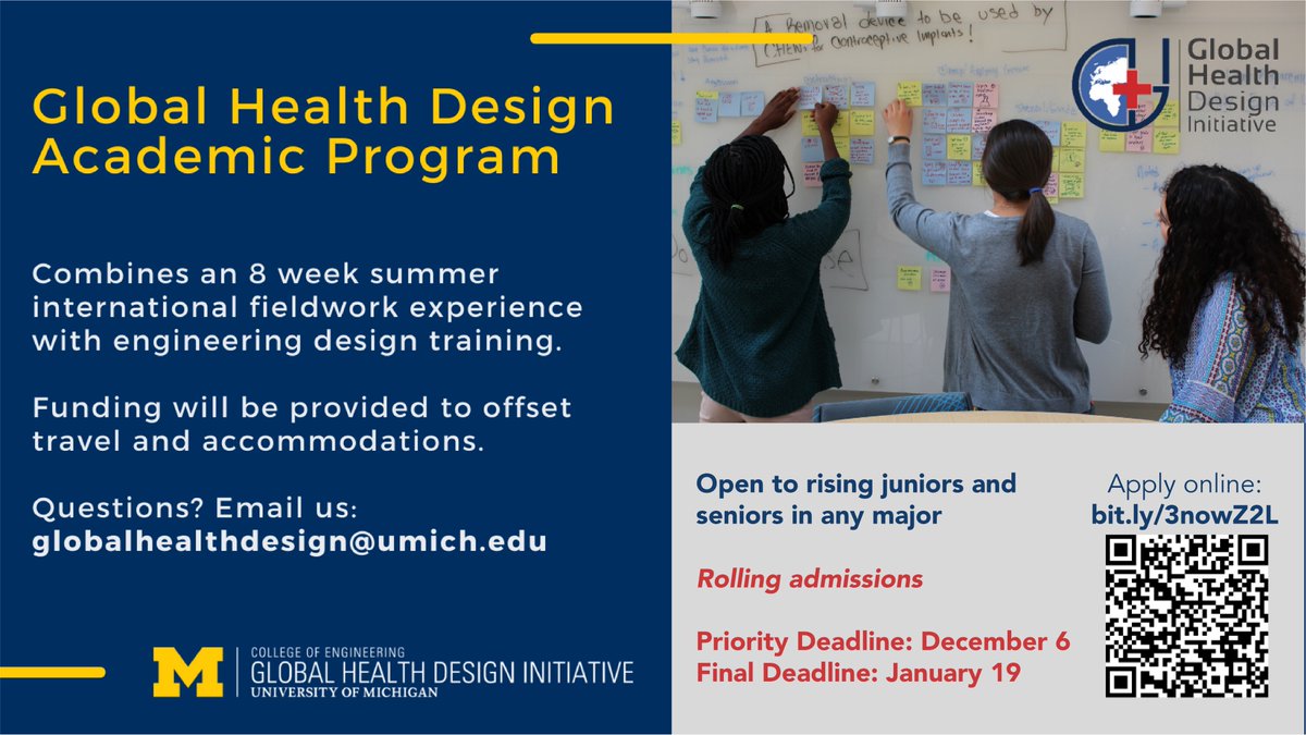 _UMGHDI's tweet photo. We are excited to announce that applications are now open for the 2024 GHDI academic program! Open to all rising juniors and seniors @UMich, this program offers participants an opportunity to address global health challenges through clinical immersion and design coursework https://t.co/6hxckDXBrX
