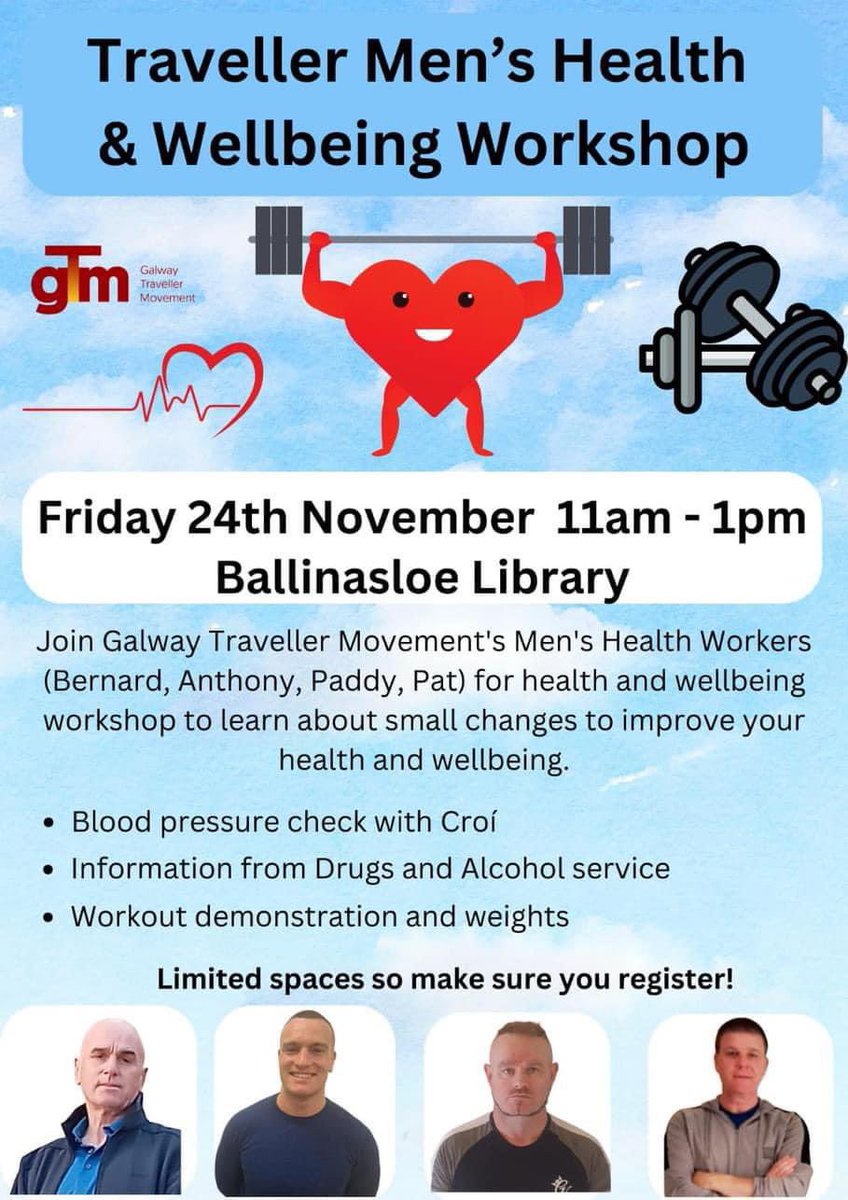 GTM Men's Health workers are having an event in @EDBallinasloe on Friday 24th November at 11am, there will be blood pressure checks and a workout demonstration - with a weight and resistance band for each man who attends. register on this link eventbrite.com/e/traveller-me…