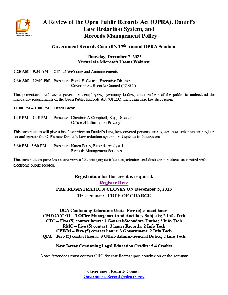 NJDCA's tweet photo. ATTN #GOVERNMENT EMPLOYEES, GOVERNING BODIES, PUBLIC - Open Public Records Act (OPRA) virtual training available on Dec. 7, 2023, 9 am - 3 pm from the GRC.  Understand the mandatory requirements of the OPRA, #DanielsLaw &amp; case law discussion.  Register: https://t.co/HT67LL351X. https://t.co/xr9k0a1jF8